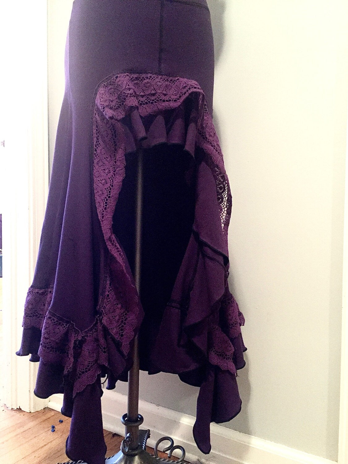 SALE: Boho Hobo Lace Frill Waterfall Skirt size MEDIUM in Eggplant Purple Cotton Lycra Hi-Lo Layered Ruffle Skirt Gypsy, Bellydance Costume