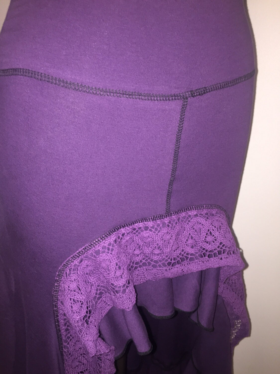 SALE: Boho Hobo Lace Frill Waterfall Skirt size MEDIUM in Eggplant Purple Cotton Lycra Hi-Lo Layered Ruffle Skirt Gypsy, Bellydance Costume