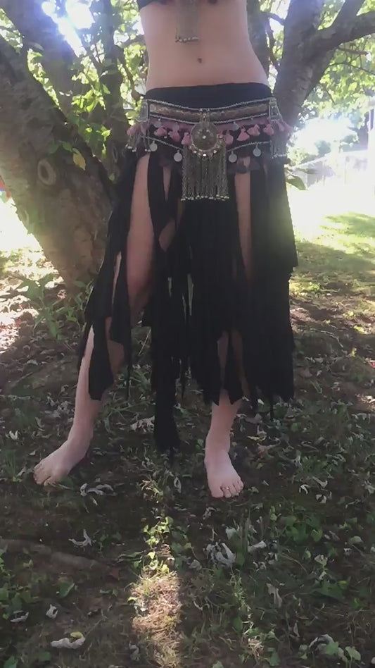 Ragamuffin Bellydance Wrap Skirt Belt, Tattered Tribal Fringe Layering Skirt, Rave, Fairy, Witch Costume, Adjustable, Other Colors