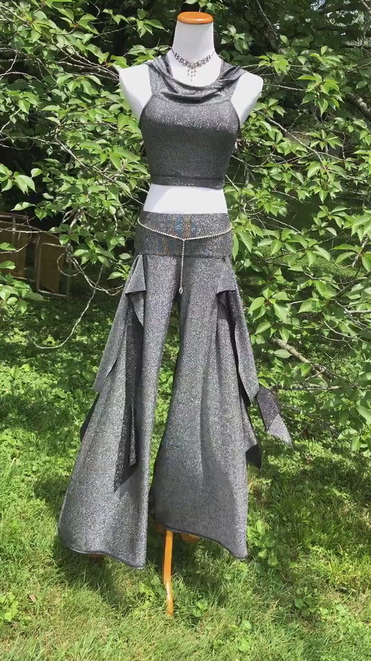Silver Sparkle Sakura Open Hip Dance Pants, Low Rise, Wide Leg Flare, Bellydance Performance wear, Boho, Fairy, Elven, Burning Man, Harem