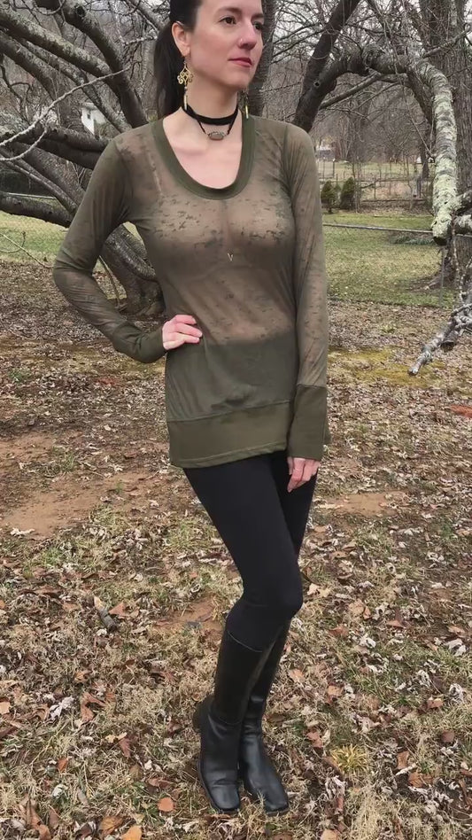 Sheer Scoop Neck, Cotton Lycra Stretch Knit, T shirt top, Long Line Tunic, Long Sleeves, Boho, Scrunch Cuffs, See-Through Woodland Fairy