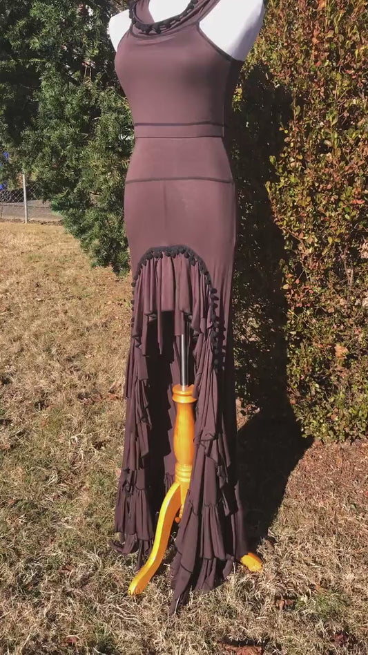 SALE Boho Hobo High Low Skirt, Fringe and Pom Pom Trim, Small/Tall Only  Bellydance Flamenco Can Can Skirt, Steampunk Dark Fairy Costume
