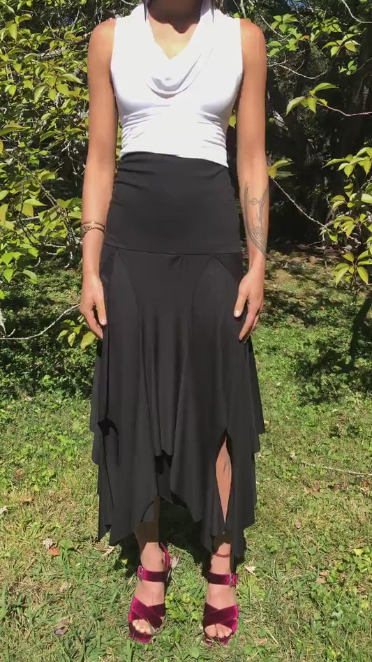 Isadora High Waist, Multi Paneled Fairy, Boho Skirt, Soft Stretch Modal  Black, Dancewear, Performance, Tattered Pagan Ceremonial, Priestess