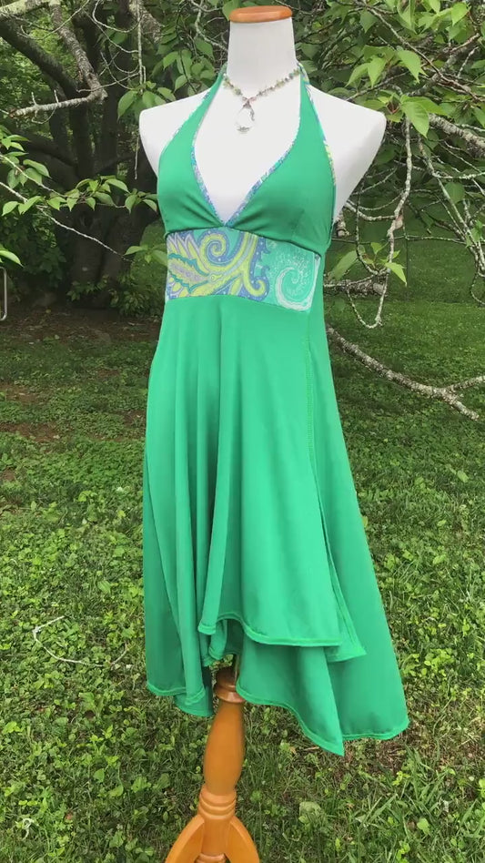 Sample Sale; The Gypsophelia Moss Green Layered Stretch Modal Halter Neck Sun Dress with Patterned Panel Casual Chic, Boho Priestess Dress