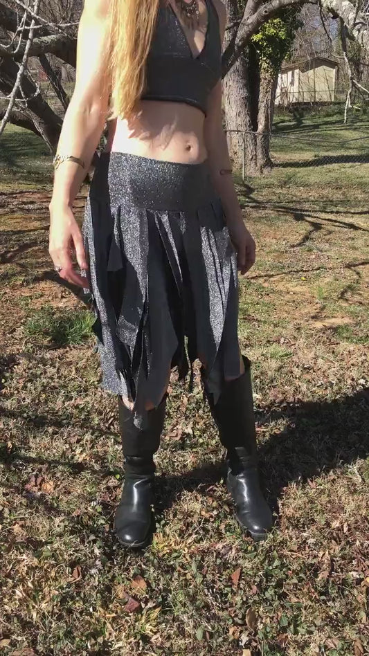 Silver Sparkle Ragamuffin Fairy Skirt, Stretch Lurex Danceskirt, Burning Man, Festival, Tribal Costume, Elven, Cabaret Bellydance, Boho