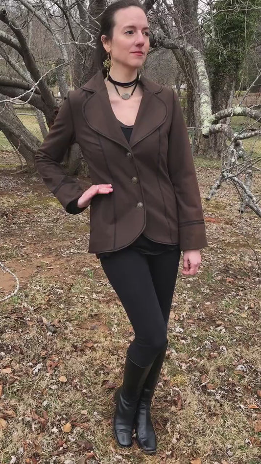 Steampunk Lined Jacket SMALL Only, Stretch Brown Cotton Lycra, Office Blazer Single Breasted Long Fitted Jacket, Brass Buttons