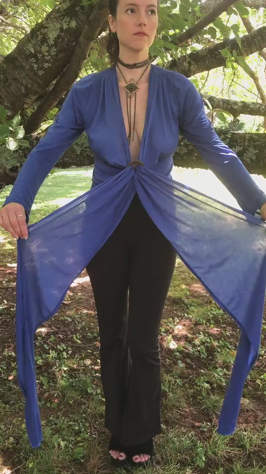 The Olivia Wrap Top Long Sleeves in Cobalt Blue Tencel - Layering Top, Tie Top, Bohemian Fairy Top, Brass like O Ring Feature
