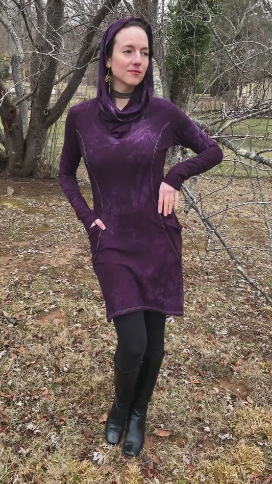 Hand Dyed, Bamboo/Hemp Hoodie Cowl Neck Dress, Stretch Terry and Jersey Shaped Torso, Pockets, Long Sleeves, Scrunch Cuffs, Athleisure