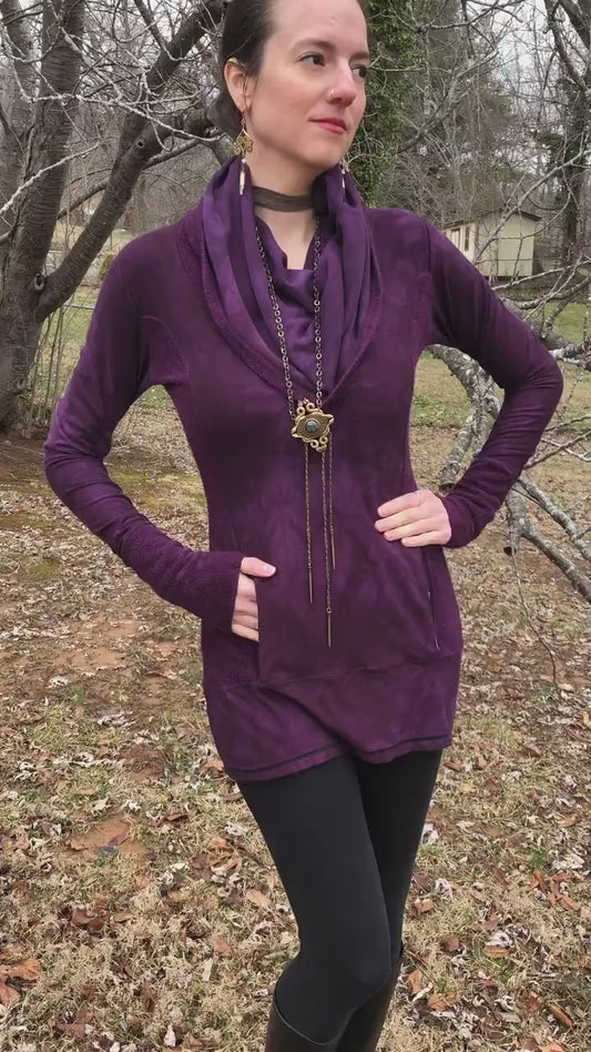 Hand-dyed Bamboo/Hemp Athleisure Cowl Hoodie. Burgundy Stretch Jersey and Fleece. Kangaroo pocket. Long Line Tunic, Boho, Scrunch Cuffs