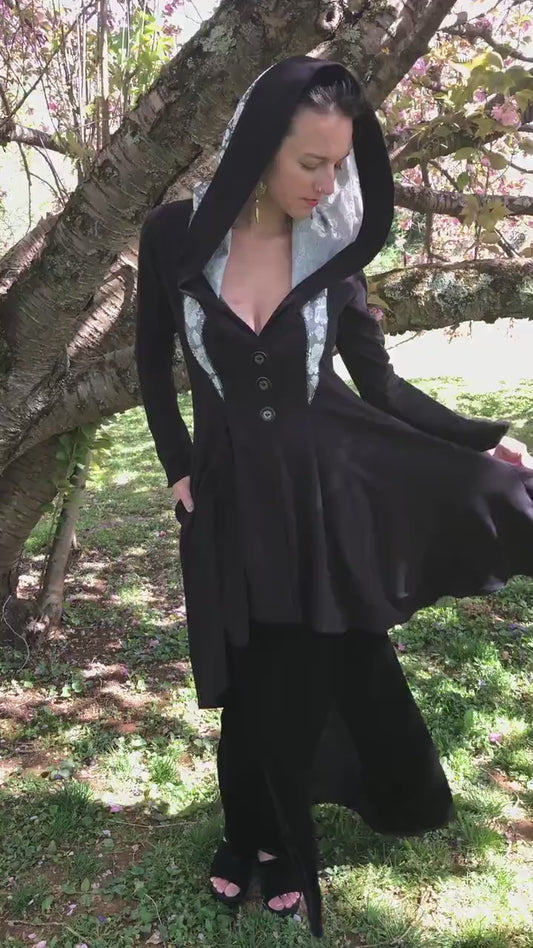 Diana Long Fitted Evening Jacket Hooded Maxi Coat, Buttons, Pockets in Organic Black Cotton Lycra, MEDIUM ONLY, Medieval Renaissance Costume