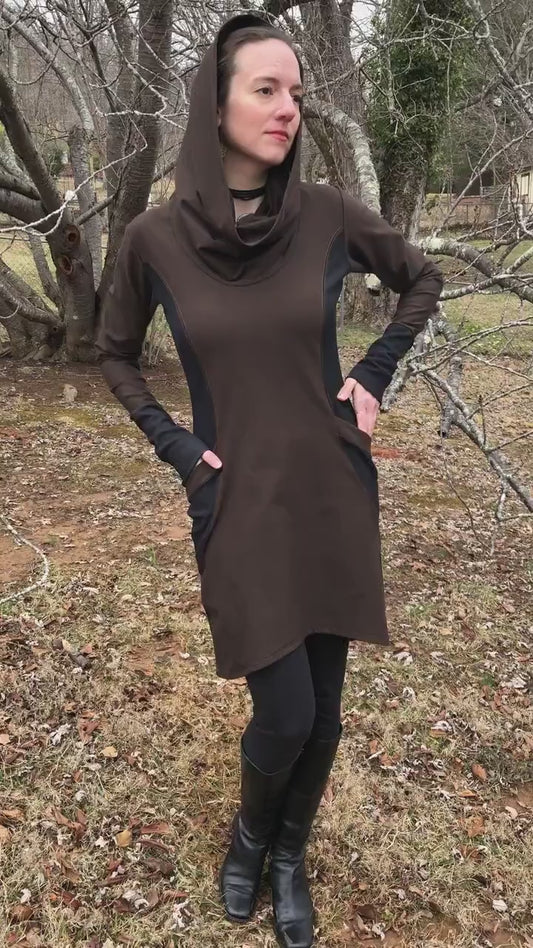 The Zoe Hoodie Cowl Neck Dress, Stretch Cotton Lycra, Shaped Torso, Pockets, Long Sleeves, Scrunch Cuffs, Athleisure