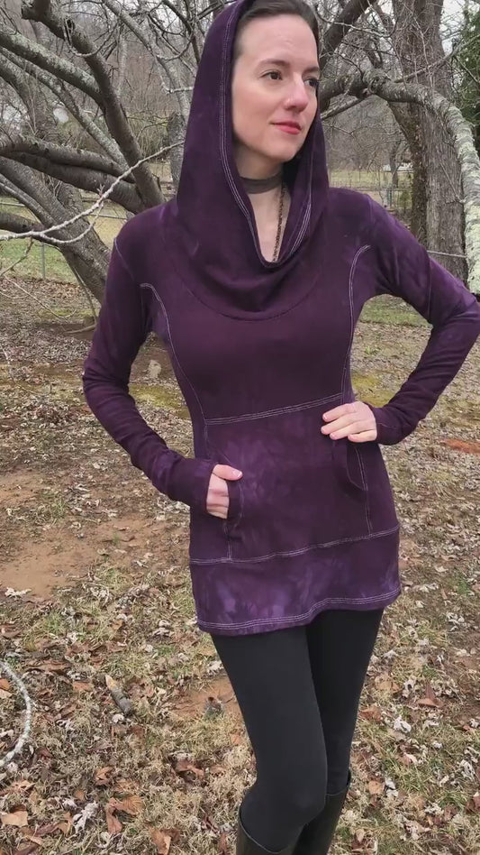 Hand Dyed Hemp/Bamboo Hoodie Cowl Neck, Terry, Shaped Torso, Kangaroo Pocket, Long Line Tunic, Long Sleeves Scrunch Cuffs, Athleisure