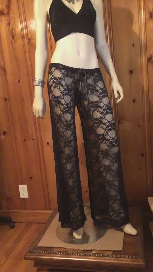 Drawstring Flared Pants in Lace, Bridal, Boudoir Lingerie, Boho, Clubwear, Bellydance, Goddess, Angel/Dominatrix Fairy, Lace Pants, See Thru