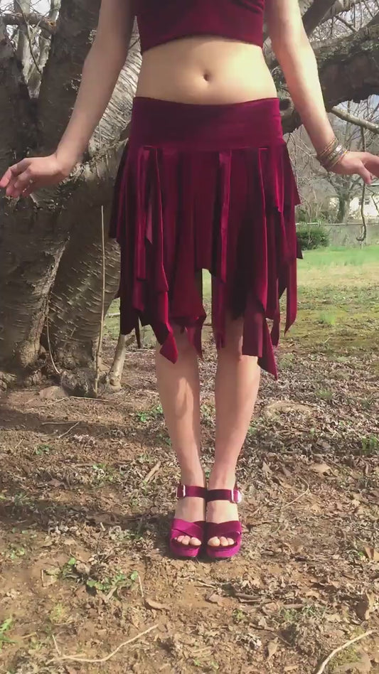 Ragamuffin Velvet Danceskirt Fairy Boho Mini, or Top, Cowl Scarf, Black, White, Brown, Red, Bellydance Skirt, Santa Costume