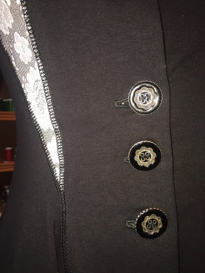 Diana Long Fitted Evening Jacket Hooded Maxi Coat, Buttons, Pockets in Organic Black Cotton Lycra, MEDIUM ONLY, Medieval Renaissance Costume
