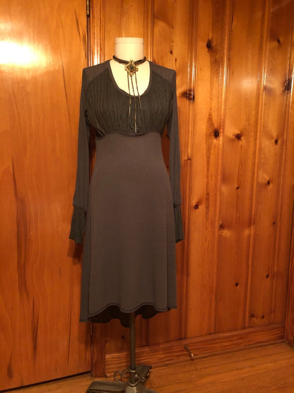 Willow Dress - Long Bell Sleeves, Cloud Grey Stretch Knit, Flowy, Winter Boho, Subtle Bodice Stripes