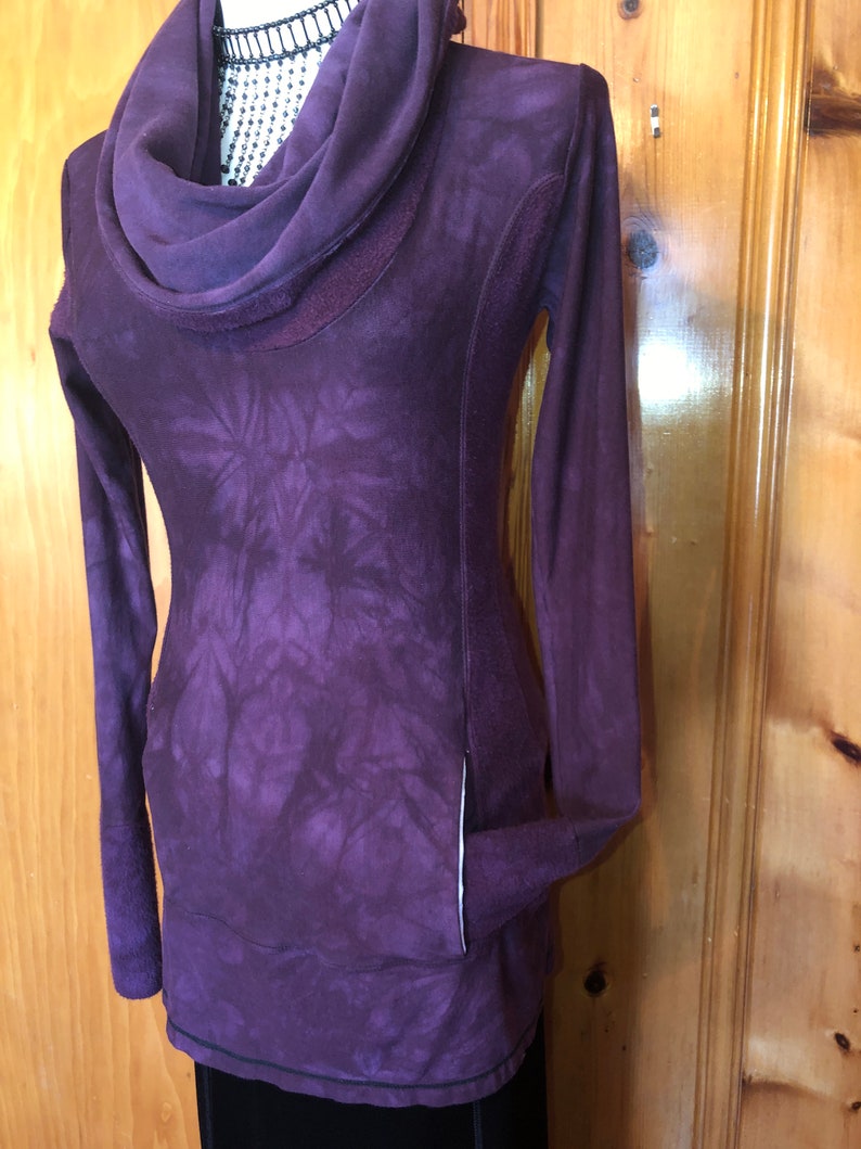 Hand-dyed Bamboo/Hemp Athleisure Cowl Hoodie. Burgundy Stretch Jersey and Fleece. Kangaroo pocket. Long Line Tunic, Boho, Scrunch Cuffs