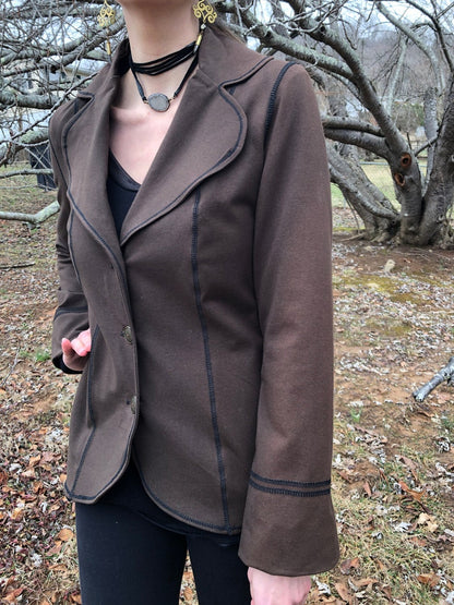 Steampunk Lined Jacket SMALL Only, Stretch Brown Cotton Lycra, Office Blazer Single Breasted Long Fitted Jacket, Brass Buttons
