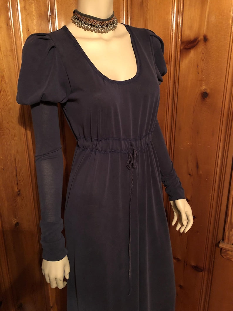 Pamela Dress, Long Puffed Sleeves, Low Neckline, Drawstring Empire Line, Soft Stretch Modal, Stone Washed Navy, Bridgerton Style; Regency