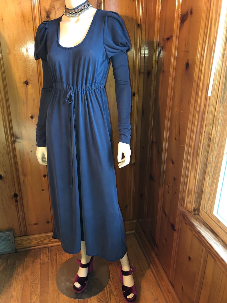 Pamela Dress, Long Puffed Sleeves, Low Neckline, Drawstring Empire Line, Soft Stretch Modal, Stone Washed Navy, Bridgerton Style; Regency