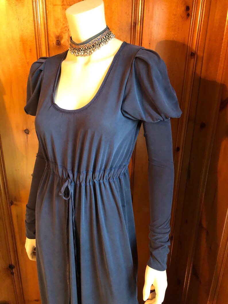 Pamela Dress, Long Puffed Sleeves, Low Neckline, Drawstring Empire Line, Soft Stretch Modal, Stone Washed Navy, Bridgerton Style; Regency