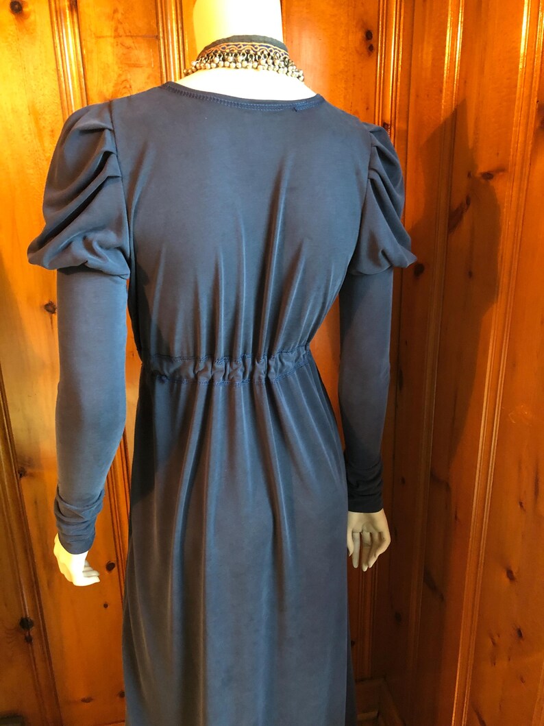 Pamela Dress, Long Puffed Sleeves, Low Neckline, Drawstring Empire Line, Soft Stretch Modal, Stone Washed Navy, Bridgerton Style; Regency
