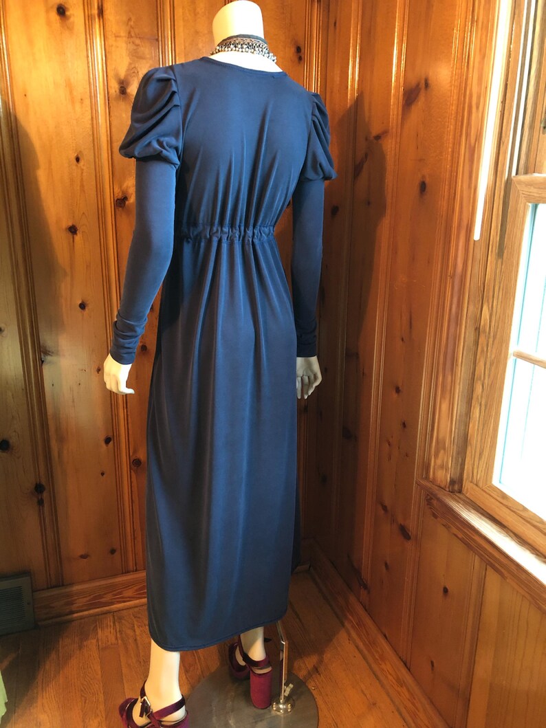 Pamela Dress, Long Puffed Sleeves, Low Neckline, Drawstring Empire Line, Soft Stretch Modal, Stone Washed Navy, Bridgerton Style; Regency