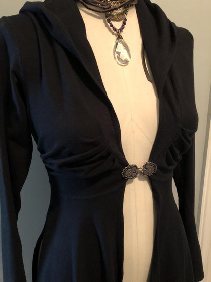 Dominique Stretch Cotton Organic Hooded Fitted Maxi Jacket, Priestess, Black Fairy Coat, Elven, Medieval Costume, Gothic Hoodie, Medium ONLY
