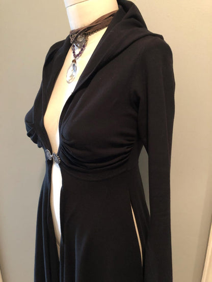 Dominique Stretch Cotton Organic Hooded Fitted Maxi Jacket, Priestess, Black Fairy Coat, Elven, Medieval Costume, Gothic Hoodie, Medium ONLY