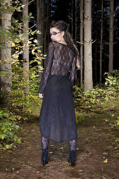 SALE Huntress Duster Jacket, Black Lace, Small ONLY Priestess Robe, High Low Sweater, Scoop Neck Sweater, Lace Cardigan, Maxi Length