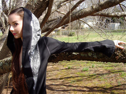 Diana Long Fitted Evening Jacket Hooded Maxi Coat, Buttons, Pockets in Organic Black Cotton Lycra, MEDIUM ONLY, Medieval Renaissance Costume