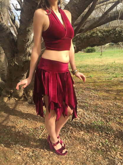 Ragamuffin Velvet Danceskirt Fairy Boho Mini, or Top, Cowl Scarf, Black, White, Brown, Red, Bellydance Skirt, Santa Costume