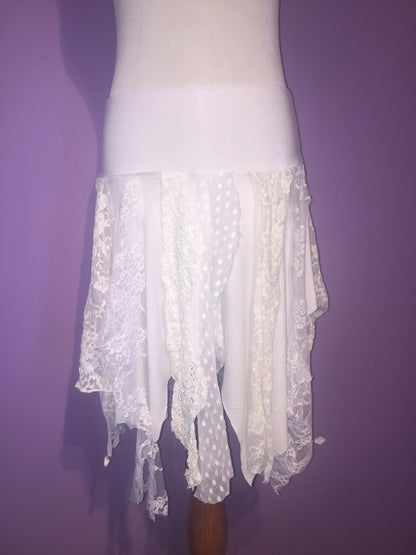 Ragamuffin Fairy Skirt in Lace and Modal, White & Cream, Also Top or Scarf, Tattered Skirt, Angel Fairy Nymph Costume, Boho, Danceskirt