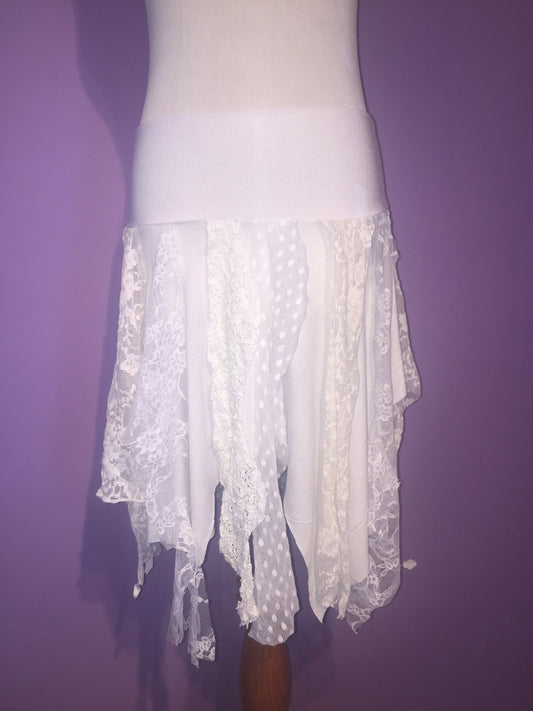 Ragamuffin Fairy Skirt in Lace and Modal, White & Cream, Also Top or Scarf, Tattered Skirt, Angel Fairy Nymph Costume, Boho, Danceskirt