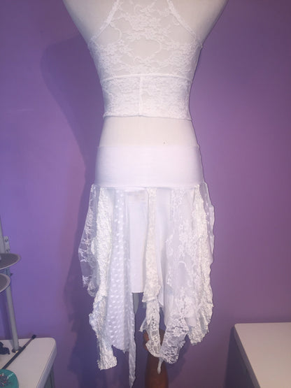 Ragamuffin Fairy Skirt in Lace and Modal, White & Cream, Also Top or Scarf, Tattered Skirt, Angel Fairy Nymph Costume, Boho, Danceskirt