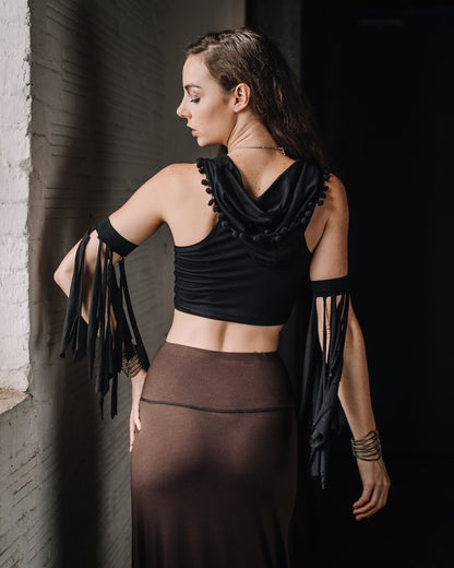 SALE Boho Hobo High Low Skirt, Fringe and Pom Pom Trim, Small/Tall Only  Bellydance Flamenco Can Can Skirt, Steampunk Dark Fairy Costume