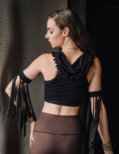 Emma Hooded Crop Top with Pompom Trim, Racerback Tank Hoodie, Boho, Hooping, Elven, Fairy, Burning Man, Festival Costume, Other Colors