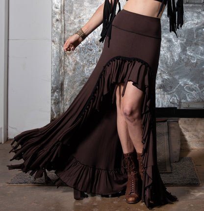 SALE Boho Hobo High Low Skirt, Fringe and Pom Pom Trim, Small/Tall Only  Bellydance Flamenco Can Can Skirt, Steampunk Dark Fairy Costume