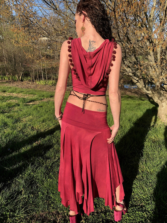 Hand-dyed Emma Hooded Crop Top with Pompom Trim,  Boho, Festival, Soft Stretch Modal in Raspberry