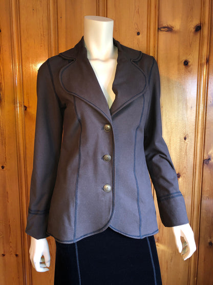 Steampunk Lined Jacket SMALL Only, Stretch Brown Cotton Lycra, Office Blazer Single Breasted Long Fitted Jacket, Brass Buttons