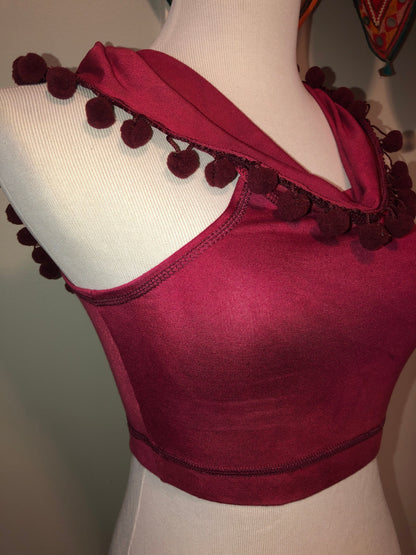 Hand-dyed Emma Hooded Crop Top with Pompom Trim,  Boho, Festival, Soft Stretch Modal in Raspberry