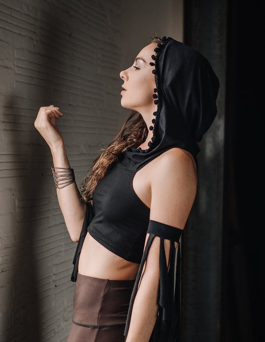 Emma Hooded Crop Top with Pompom Trim, Racerback Tank Hoodie, Boho, Hooping, Elven, Fairy, Burning Man, Festival Costume, Other Colors