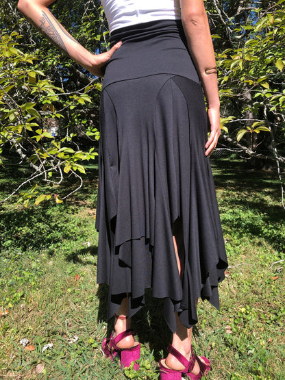 Isadora High Waist, Multi Paneled Fairy, Boho Skirt, Soft Stretch Modal  Black, Dancewear, Performance, Tattered Pagan Ceremonial, Priestess