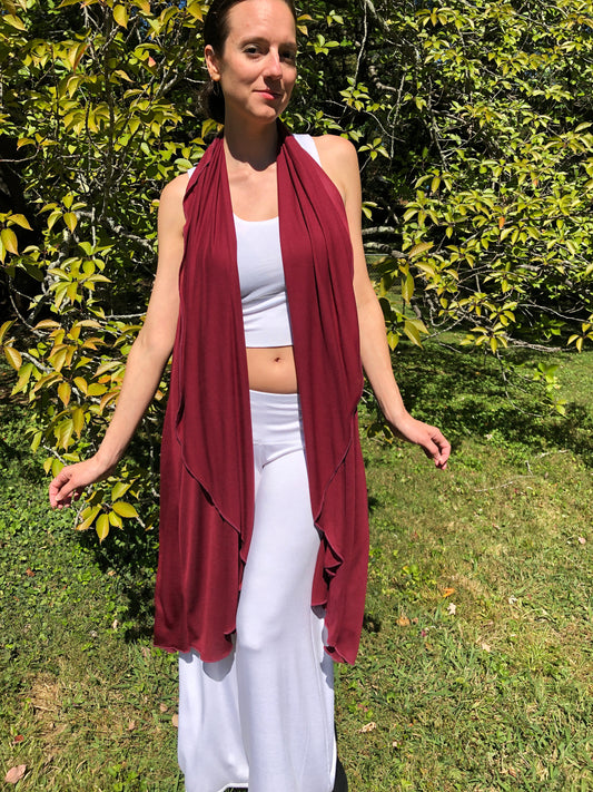 Tantra Halter Cardigan Festival Top/Skirt,  Soft, Fluid, Lightweight, Draping, Burgundy Tencel Fine Knit, Beach Cover-Up, Dancewear, Cape