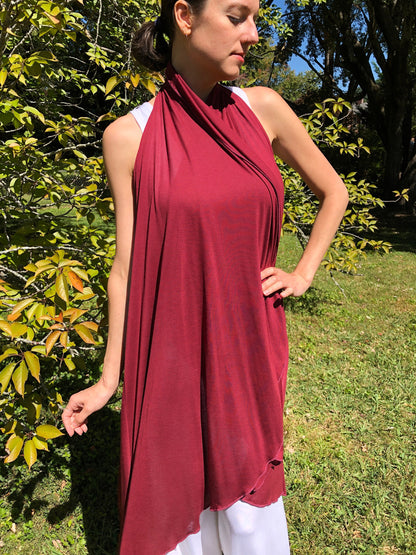 Tantra Halter Cardigan Festival Top/Skirt,  Soft, Fluid, Lightweight, Draping, Burgundy Tencel Fine Knit, Beach Cover-Up, Dancewear, Cape