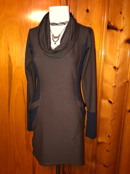 The Zoe Hoodie Cowl Neck Dress, Stretch Cotton Lycra, Shaped Torso, Pockets, Long Sleeves, Scrunch Cuffs, Athleisure