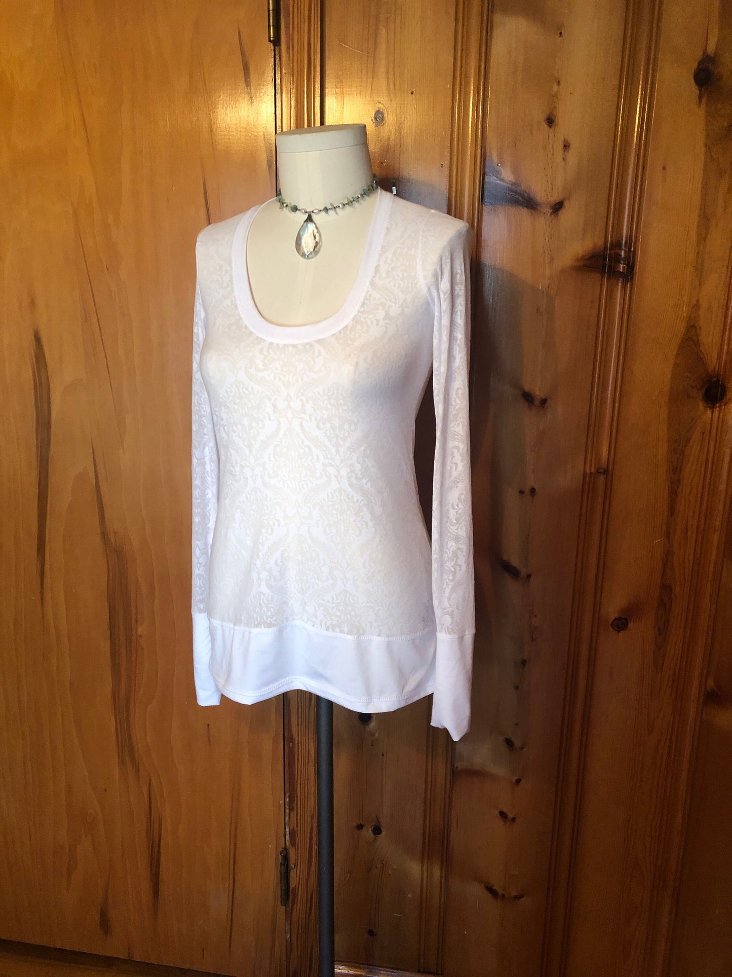 Sheer Scoop Neck, White Damask Print, Burn-Out Stretch Knit, T shirt top, Long Line Tunic, Long Sleeves, Boho, Scrunch Cuffs, Ethereal Fairy