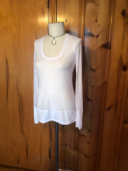 Sheer Scoop Neck, White Damask Print, Burn-Out Stretch Knit, T shirt top, Long Line Tunic, Long Sleeves, Boho, Scrunch Cuffs, Ethereal Fairy