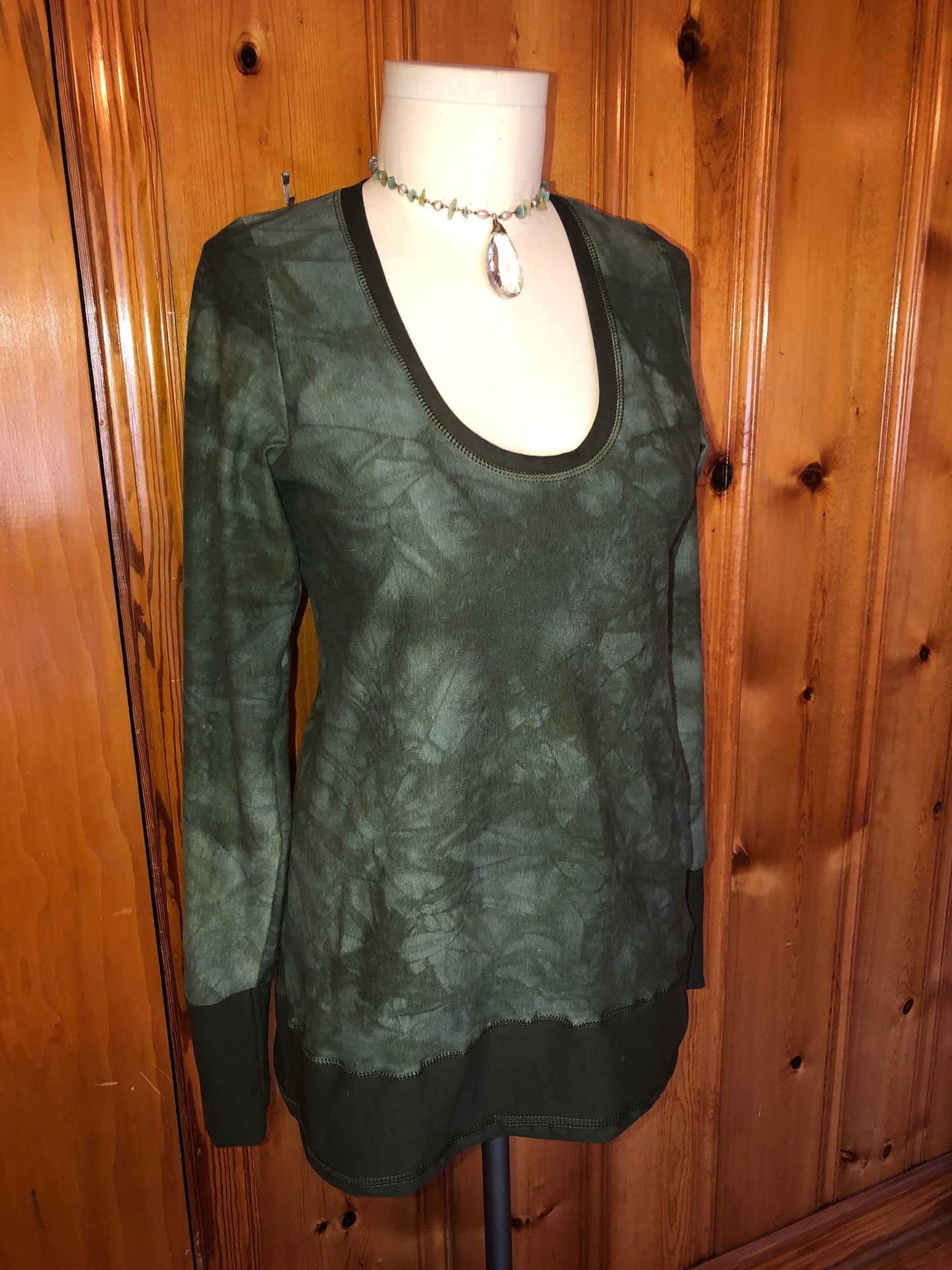 Hand Dyed, Hemp Scoop Neck, With Cotton Lycra Stretch Trim, T shirt top, Long Line Tunic, Long Sleeves, Boho, Scrunch Cuffs, Woodland Fairy