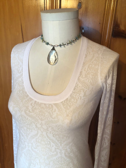 Sheer Scoop Neck, White Damask Print, Burn-Out Stretch Knit, T shirt top, Long Line Tunic, Long Sleeves, Boho, Scrunch Cuffs, Ethereal Fairy